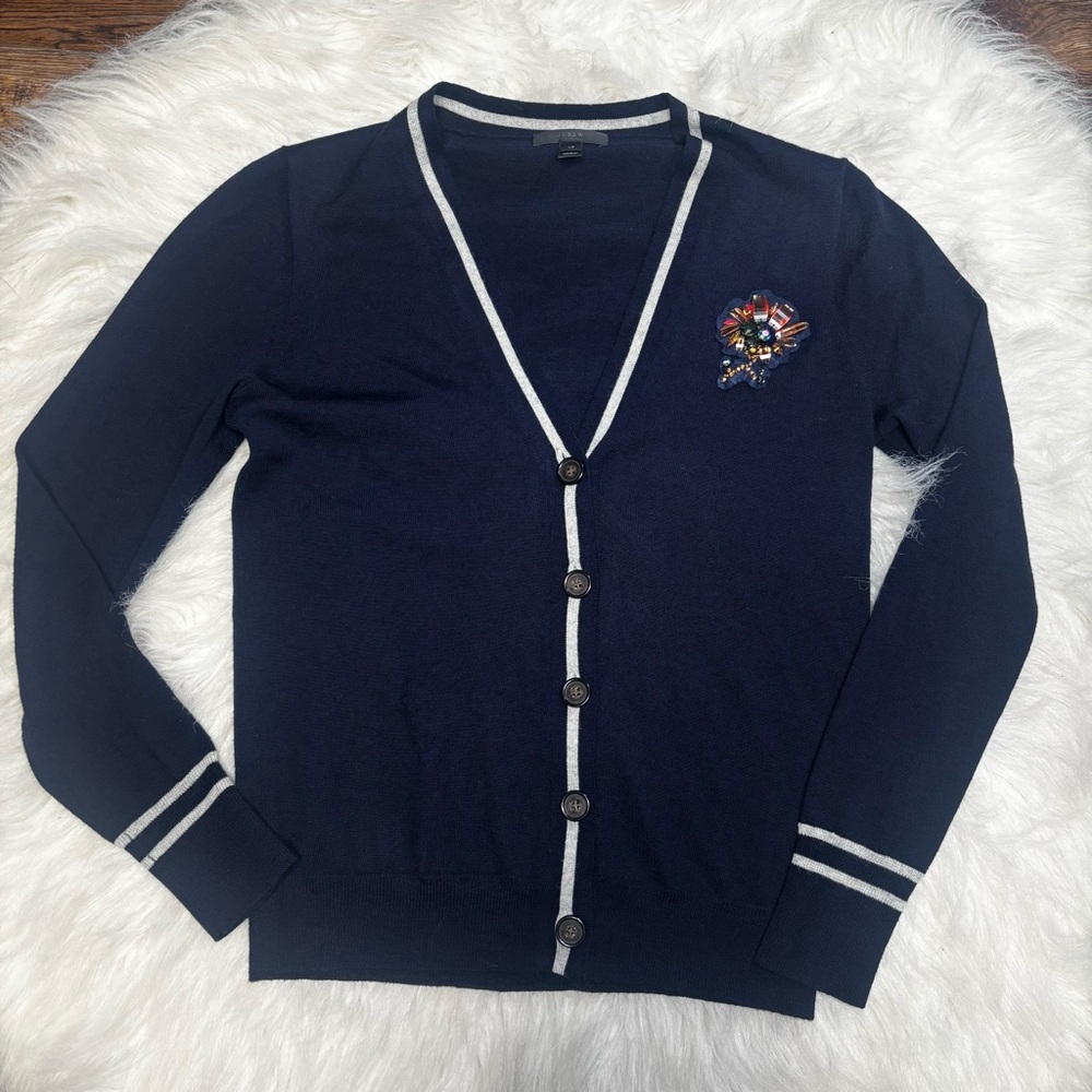 J. Crew 100% Merino Wool Button Up Cardigan with Rhinestone Flower size XS
